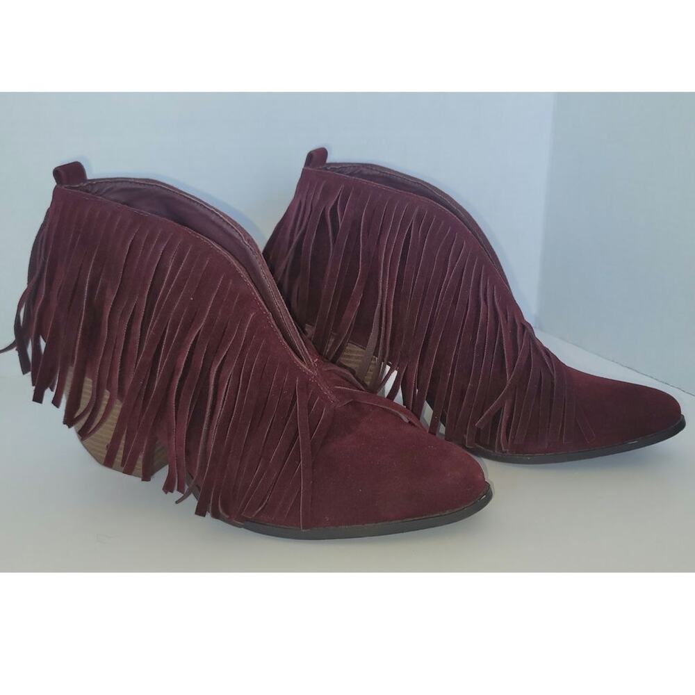Wild G Maroon Fringe Ankle Booties Faux Suede Slip-on Size 9 Festival Boho - Picture 4 of 8